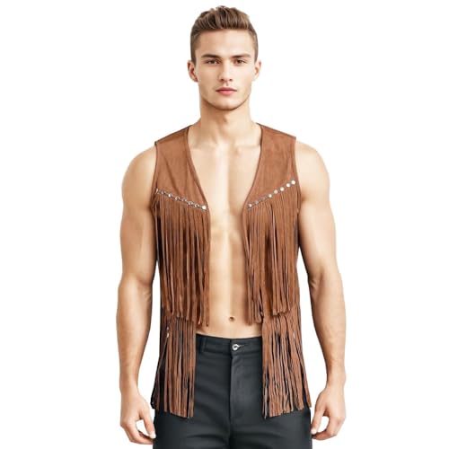 TACKTIMES Herren Cowboy Weste Ärmellos Wildleder Fransen Jacke Indianer Retro Boho Hippie Outfit Festival Karneval Kostüm (Braun, M) von TACKTIMES