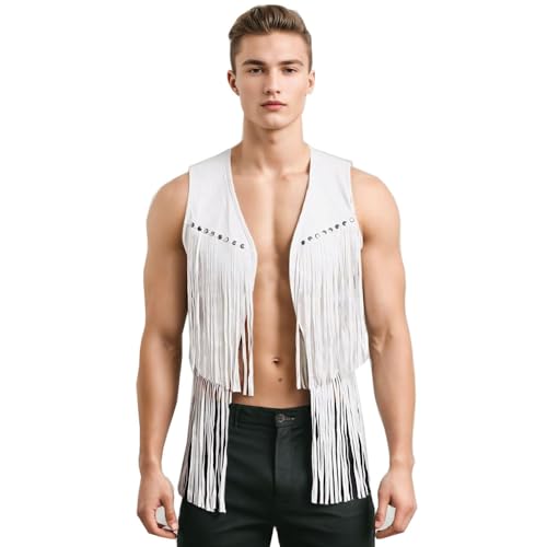 TACKTIMES Herren Cowboy Weste Ärmellos Wildleder Fransen Jacke Indianer Retro Boho Hippie Outfit Festival Karneval Kostüm (Weiß, S) von TACKTIMES