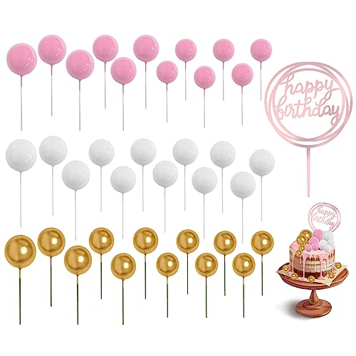 36 Stück Kuchenkugel-Plugin und 1 Geburtstags-Topper, Kuchen-Topper, Perlen-Schaumstoff-Kugeln, DIY-Kuchen-Topper für Backdekorationen, Geburtstagsparty (Goldenes Rosa Weiß) von TAFACE