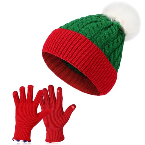 TAGVO Weihnachtsmütze Nikolausmütze Erwachsene und Strick Touchscreen Fingerhandschuhe, Weihnachtsfeier Rote Santa Mütze für Damen,Hüte Kostüm Zubehör Kostüm für Kostümpartys, Christmas Feiertage von TAGVO