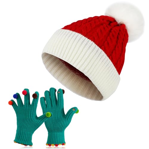 TAGVO Weihnachtsmütze Nikolausmütze Erwachsene und Strick Touchscreen Fingerhandschuhe, Weihnachtsfeier Rote Santa Mütze für Damen,Hüte Kostüm Zubehör Kostüm für Kostümpartys, Christmas Feiertage von TAGVO