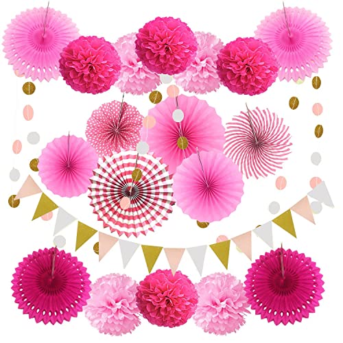 Handfächer zum Aufhängen, Papierfächer, Pompons, Blumen, Girlanden, dreieckige Wimpelkette, Geburtstagsparty-Dekorationen, Hochzeit, Babyparty, Mädchen, Faltfächer (21 Stück, rosa) von TAIBOSL
