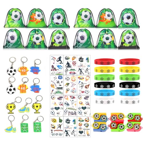 TAIXING 60 Stück Fußball Party Mitgebsel Kindergeburtstag, Fußball Mitgebsel Fussball Deko Geburtstag Kinder mit Kordelzug Taschen, Schlüsselanhänger, Tattoo Aufkleber, Trillerpfeife, Silikonarmband von TAIXING
