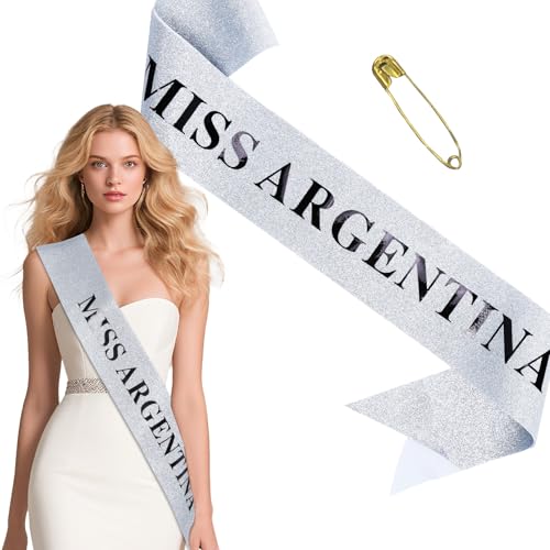 Miss Universe Schärpe für Frauen - Silberne Glitzer-Satin-Schärpe mit Anstecknadel, lustige Halloween-Festzug-Stola für Cosplay, Wahlparty, Junggesellinnenabschied, Kostümveranstaltungen, 160 x 9,5 cm Miss Universe Schärpe für Frauen - Silberne Glitzer-Satin-Schärpe mit Anstecknadel, lustige Halloween-Festzug-Stola für Cosplay, Wahlparty, Junggesellinnenabschied, Kostümveranstaltungen, 160 x 9,5 cm von TAKEALOOKO