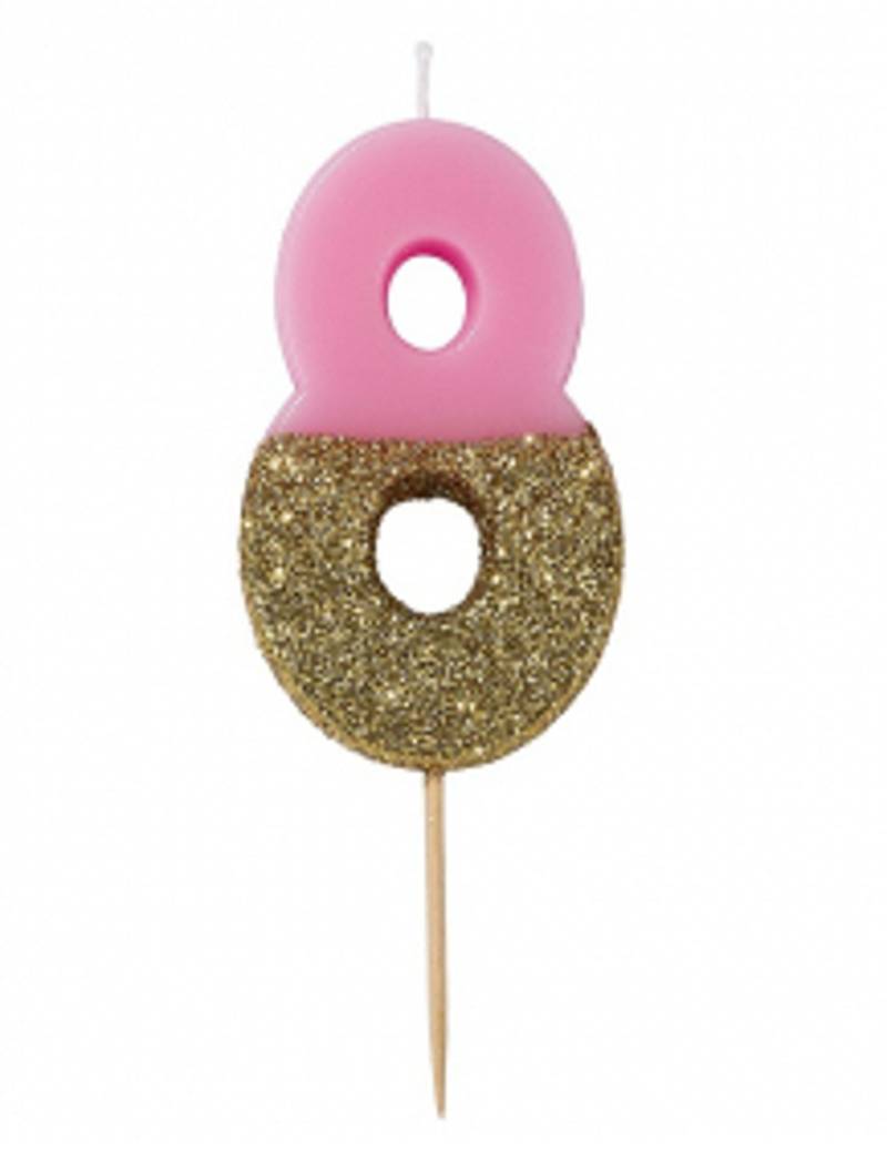 Pink-goldene Glitzer-Kerze Zahl 8 am Stab 13,8 cm Pink-goldene Glitzer-Kerze Zahl 8 am Stab 13,8 cm von TALKING TABLES
