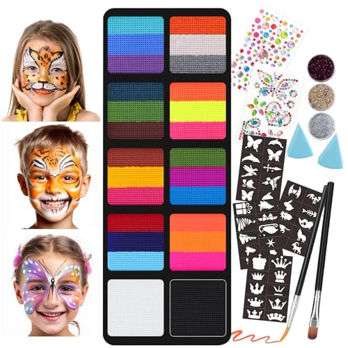 Kinderschminke Set, 10 Farben Kinderschminke Fasching Karneval Schminke für Kinder, Karnevalsschminke Faschingsschminke mit 2 Pinsel, Wasserbasis Gesichtsfarben für Halloween Karneval Fasching von TALWIOR