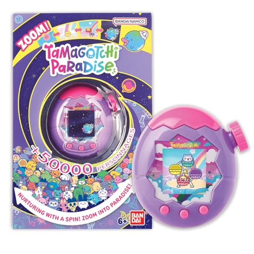 Bandai - Tamagotchi Paradise Himmel - Virtuelles Haustier zum Aufziehen - Tamagotchi mit Zoom-Drehrad - Interaktives Spielzeug auf Deutsch - Modell Himmel in Violett und Rosa - 43423 von TAMAGOTCHI