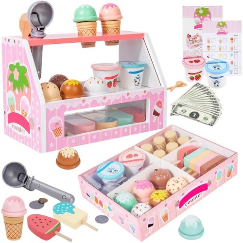 Eisdiele-Kinder-Holz, EIS-Spielzeug für Kind ab 6 Jahre, Holzspielzeug Küche Zubehör, Rollenspiele Eisladen Einkaufsladen, Geschenke Mädchen, Rosa Eisdiele-Kinder-Holz, EIS-Spielzeug für Kind ab 6 Jahre, Holzspielzeug Küche Zubehör, Rollenspiele Eisladen Einkaufsladen, Geschenke Mädchen, Rosa von TANSAR