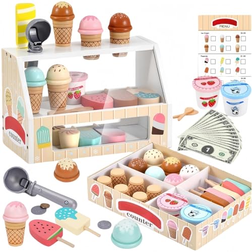 Eisdiele-Kinder-Holz, EIS-Spielzeug für Kind ab 6 Jahre, Holzspielzeug Küche Zubehör, Rollenspiele Eisladen Einkaufsladen für Mädchen, Hellgelb von TANSAR