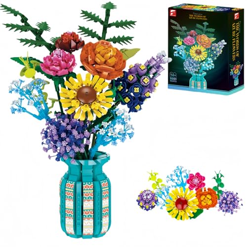 TANSAR 1853 Stück Blumen Bausteine Bausatz, Blumenstrauß mit Bausteinvase, Flower Bouquet für Erwachsene, Künstliche Blumen für Heimdekoration, Geschenke zum Muttertag, Valentinstag, Weihnachten von TANSAR