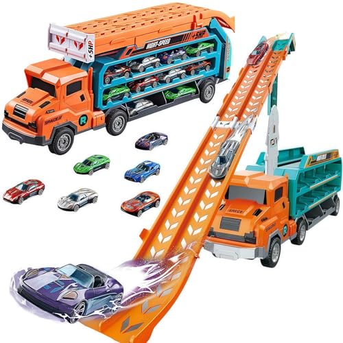 Transporter Truck Spielzeugautos, 2 in 1 Rennbahn Autotransporter Spielzeug ab 3 4 5 6 7 8 Jahre Junge, 2,8 Fuß Faltbare Rennstrecke LKW mit 6 Rennautos, Kinderspielzeug Geschenke, Orange-Farbe von TANSAR