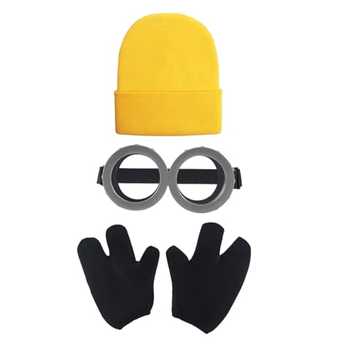 TANTAKO 3 Pcs Erwachsene Halloween DIY Kostüm Zubehör mit Gelb Beanie, Drei Fingern Handschuhe und Schutzbrille (Stil C) von TANTAKO