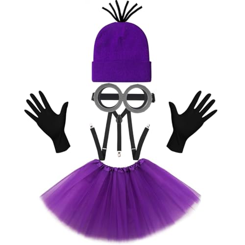 TANTAKO 5 Stück Lila Kostüm Set - Halloween Cosplay Zubehör mit Brille Lila Beanie Tutu Hosenträger und Handschuhe. von TANTAKO