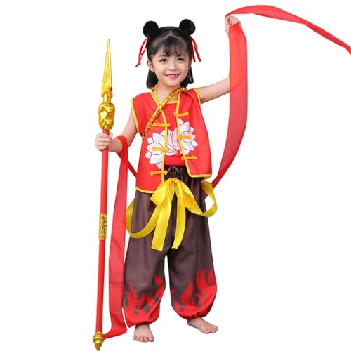 TANZEQI Chinesisches Hanfu-Anzug, Nezha-Performance-Kostüm für Jungen und Mädchen und Erwachsene, chinesische Mythologie, Cosplay-Outfit (kurze Ärmel mit Zubehör, 160 cm) von TANZEQI