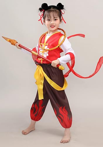 TANZEQI Chinesisches Hanfu-Anzug, Nezha-Performance-Kostüm für Jungen und Mädchen und Erwachsene, chinesische Mythologie, Cosplay-Outfit (lange Ärmel mit Zubehör, 140 cm) von TANZEQI