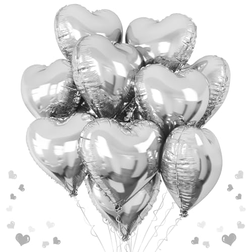 Silberfarbene Herz-Folienballons, 45,7 cm, groß, metallisch-silberfarben, Heliumherzballon, 10 Stück, glänzend, metallisch, Chrom, Grau, Herzform, Mylar-Luftballons für Geburtstag, Valentinstag Silberfarbene Herz-Folienballons, 45,7 cm, groß, metallisch-silberfarben, Heliumherzballon, 10 Stück, glänzend, metallisch, Chrom, Grau, Herzform, Mylar-Luftballons für Geburtstag, Valentinstag von TAOYE