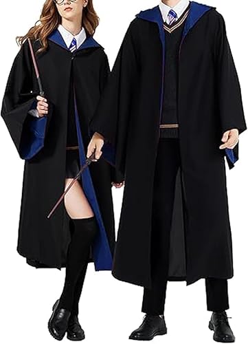 TAOYIO Magier Robe Kostüm Damen Umhang, Zauberer Halloween Kostüm Erwachsene, Unisex Uniform 7-teiliges Set,Blau-XXL von TAOYIO