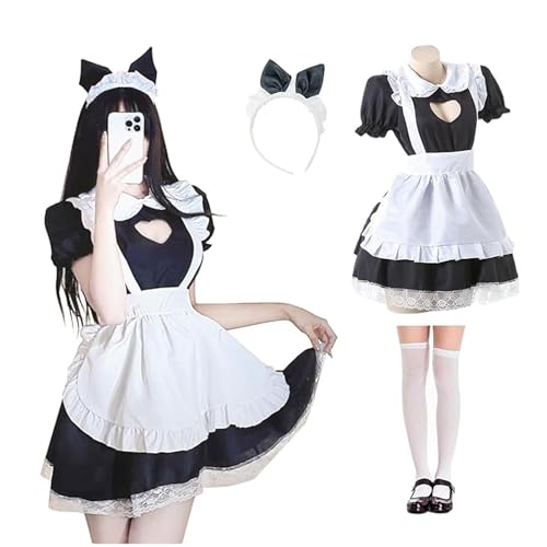 TAOZHUGONG Maid Dress Niedliche Cosplay, Maid Outfit-Hohle Herzform, Cosplay Anime Halloween, Japanisches Maid Dress, Kleid Zimmermädchen Outfit Set (M) von TAOZHUGONG