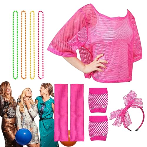 TARAKO 80er-Jahre-Kostüme für Mädchen, 80er-Jahre-Outfit für Mädchen | Netzkostüme der 1980er Jahre | Retro-Motto-Party-Outfits, Neon-T-Shirt-Kostümzubehör für Damen, Zubehör-Set für Party von TARAKO