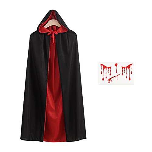 TAROME Vampir Umhang Erwachsene Halloween Vampir Kapuzenumhang Schwarz Rot Doppelseitig Vampirumhang mit Halloween Gesichtstattoo für Damen Männer Halloween Karneval Cosplay Walpurgisnacht (140cm) von TAROME