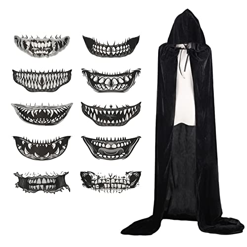 TAROME Vampir Umhang Erwachsene Halloween Vampir Kapuzenumhang Schwarze Samt Vampirumhang mit Halloween Gesichtstattoo für Damen Männer Halloween Fasching Karneval Cosplay Walpurgisnacht (140cm) von TAROME