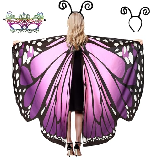3 Stück Schmetterling Kostüm Damen, Schmetterling Karneval Kostüm Damen, Faschingskostüme Damen mit Schmetterling Umhang Spitzenmaske Haarreif, Fee Kostüm Damen für Karneval Fasching Mottoparty (D) von TATAFUN