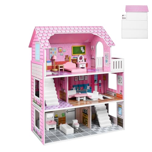 TATIVALO Hölzernes Puppenhaus Spielset, 3 Geschichten, mit Möbeln und Zubehör für Mini Puppe, Spielset für Minipuppen, Doll House Puppenvilla, Geschenk für Kinder Kleinkinder Mädchen, Typ A TATIVALO Hölzernes Puppenhaus Spielset, 3 Geschichten, mit Möbeln und Zubehör für Mini Puppe, Spielset für Minipuppen, Doll House Puppenvilla, Geschenk für Kinder Kleinkinder Mädchen, Typ A von TATIVALO