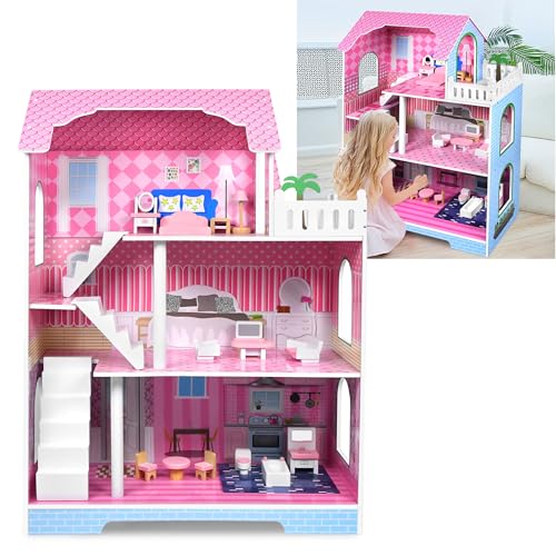 TATIVALO Hölzernes Puppenhaus Spielset, 3 Geschichten, mit Möbeln und Zubehör für Mini Puppe, Spielset für Minipuppen, Doll House Puppenvilla, Geschenk für Kinder Kleinkinder Mädchen, Typ B TATIVALO Hölzernes Puppenhaus Spielset, 3 Geschichten, mit Möbeln und Zubehör für Mini Puppe, Spielset für Minipuppen, Doll House Puppenvilla, Geschenk für Kinder Kleinkinder Mädchen, Typ B von TATIVALO