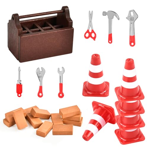 25 Stück Wichtel Baustelle Set, Miniatur Werkzeugkasten Set, Mini Holz Werkzeugkiste, Mini Straßensperre, Mini Simulation Ziegel, für Puppenhaus Zubehör Weihnachten (Rot) von TAXTYHRE