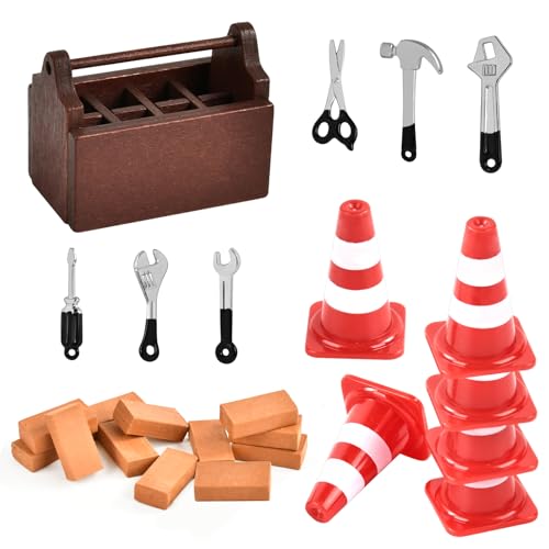 25 Stück Wichtel Baustelle Set, Miniatur Werkzeugkasten Set, Mini Holz Werkzeugkiste, Mini Straßensperre, Mini Simulation Ziegel, für Puppenhaus Zubehör Weihnachten (Schwarz) von TAXTYHRE