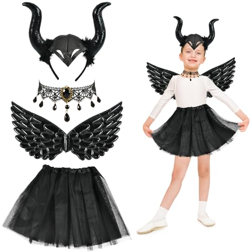 4 Stück Teufel Kostüm Mädchen, Böse Fee Costume Mädchen, mit Königin Hörner Haarreif, Teufel Tutu, Spitzenhalskette, Teufelsflügel, für Halloween, Karneval, Cosplay, Hexen Mottoparty Mädchen (A) 4 Stück Teufel Kostüm Mädchen, Böse Fee Costume Mädchen, mit Königin Hörner Haarreif, Teufel Tutu, Spitzenhalskette, Teufelsflügel, für Halloween, Karneval, Cosplay, Hexen Mottoparty Mädchen (A) von TAXTYHRE