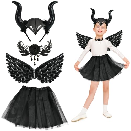 4 Stück Teufel Kostüm Mädchen, Böse Fee Costume Mädchen, mit Königin Hörner Haarreif, Teufel Tutu, Spitzenhalskette, Teufelsflügel, für Halloween, Karneval, Cosplay, Hexen Mottoparty Mädchen (B) 4 Stück Teufel Kostüm Mädchen, Böse Fee Costume Mädchen, mit Königin Hörner Haarreif, Teufel Tutu, Spitzenhalskette, Teufelsflügel, für Halloween, Karneval, Cosplay, Hexen Mottoparty Mädchen (B) von TAXTYHRE