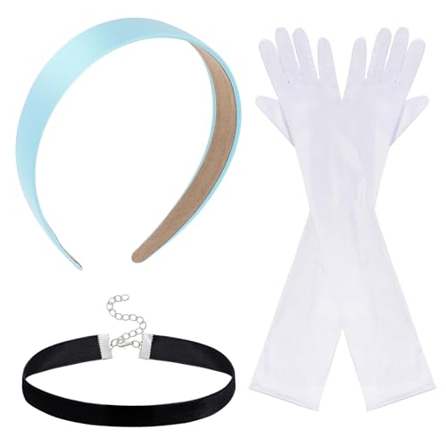 TAXTYHRE 3 Stück Prinzessin Kostüm Zubehör, Lange Weiße Handschuhe, Blau Haarreif, Schwarz Choker Kette, Mädchen Damen Dress Up Accessoires, für Halloween Cosplay Mottoparty Karneval Party von TAXTYHRE