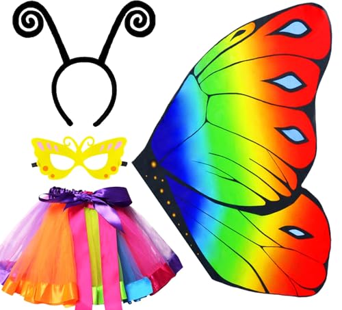 TAXTYHRE 4pcs Kostüm Schmetterling Kinder, Schmetterlingsflügel Mädchen, Schmetterling Umhang Kinder, Mit Maske Tutu Tüllrock Stirnband, Geeignet für Rollenspiele, Karneval, Maskerade(Regenbogen) TAXTYHRE 4pcs Kostüm Schmetterling Kinder, Schmetterlingsflügel Mädchen, Schmetterling Umhang Kinder, Mit Maske Tutu Tüllrock Stirnband, Geeignet für Rollenspiele, Karneval, Maskerade(Regenbogen) von TAXTYHRE