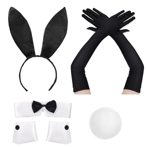TAXTYHRE 5 Stück Damen Bunny Zubehör Set, Hasenohren Stirnband Schwarz, Handschuhe Kragen Fliege Manschetten Hasenschwanz, Bunny Kostüm Frauen, für Halloween Karneval Cosplay Kostüm Party von TAXTYHRE