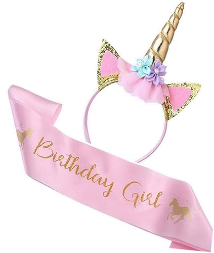 TAXTYHRE Einhorn Haarreif, Geburtstag Schärpe, Einhorn Haarreif mit horn Ohren und Blumen, Damen Mädchen Geburtstag Haarschmuck für Ostern Party Karneval Partyzubehör von TAXTYHRE