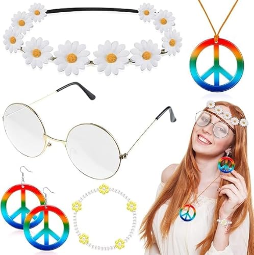 TAXTYHRE Hippie Kleidung Damen, 6 Stück Hippie Accessoires Set, 60er, 70er Jahre Damen Set, mit Hippie Ohrringe, Brillen, Stirnband, Armband und Friedenszeichen Kette TAXTYHRE Hippie Kleidung Damen, 6 Stück Hippie Accessoires Set, 60er, 70er Jahre Damen Set, mit Hippie Ohrringe, Brillen, Stirnband, Armband und Friedenszeichen Kette von TAXTYHRE