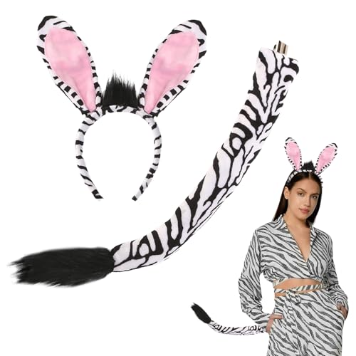 TAXTYHRE Zebra Kostüm Set, Tierohren Haarreifen Schwanz, Zebrakostüm Zubehör, Halloween Cosplay Kostüm, für Kinder Erwachsene Tierkostüm Cosplay Halloween Themenpartys Karneval von TAXTYHRE