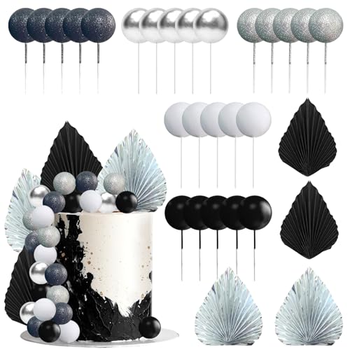Tortendeko Kugeln, 29 Pcs Silber Schwarz Tortendeko Geburtstag Schaum Ball, Kuchendeko Palmenblätter, Happy Birthday Kuchendeko für Hochzeit, Gartenparty, Geburtstag Party Tortendeko Kugeln, 29 Pcs Silber Schwarz Tortendeko Geburtstag Schaum Ball, Kuchendeko Palmenblätter, Happy Birthday Kuchendeko für Hochzeit, Gartenparty, Geburtstag Party von TAXTYHRE