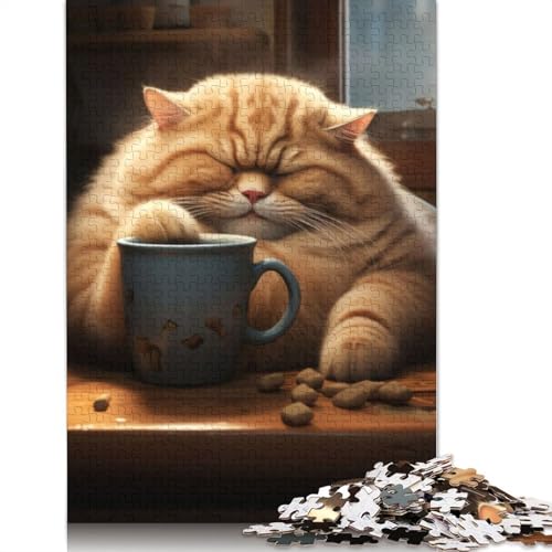 1000 Teile Puzzle mit Fetter Kaffeekatze und Tiermotiv, Schwierigkeitsgrad, Lernspiele, Spielzeug, 1000 Teile (75 x 50 cm) von TBDUEPS