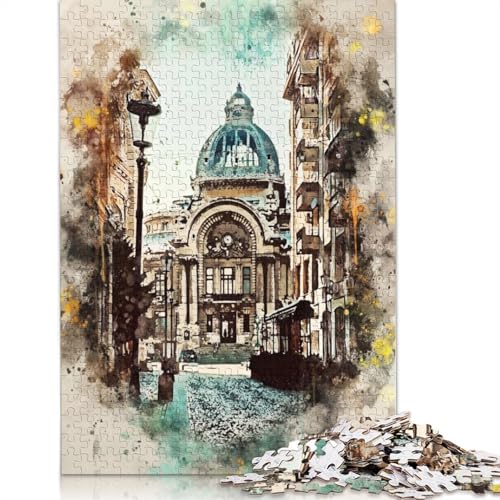 1000-teiliges Bukarest-Aquarell-Puzzle für Erwachsene, Holzpuzzles für Erwachsene und Jugendliche ab 12 Jahren, 1000 Teile (75 x 50 cm) von TBDUEPS