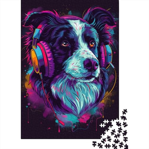 1000-teiliges DJ Neon Border Collie-Puzzle für Erwachsene, Holzpuzzle für Erwachsene, für Familienspaß und Spieleabend, 1000 Teile (38 x 26 cm) von TBDUEPS