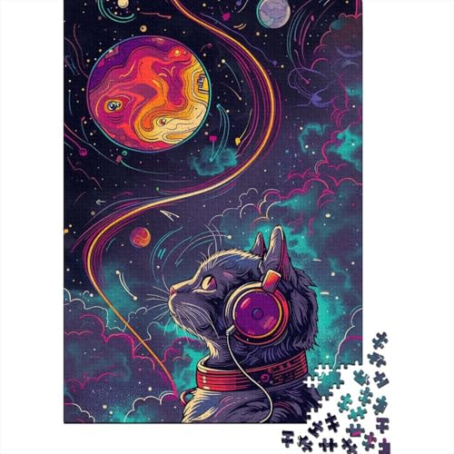 1000-teiliges Musik-Astronauten-Katzen-Puzzle für Erwachsene, Holzpuzzle, Puzzle für Erwachsene, 1000 Teile (38 x 26 cm) von TBDUEPS