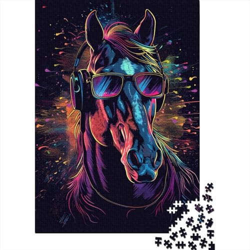 1000-teiliges Pferd mit Sonnenbrille, Neon-Puzzle für Erwachsene, Holzpuzzle, Puzzle für Erwachsene, 1000 Teile (38 x 26 cm) von TBDUEPS