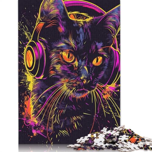 1000-teiliges Puzzle „Katze mit Kopfhörern und Sonnenbrille“ für Erwachsene, Holzpuzzle, Puzzles für Erwachsene, Lernspiel, Herausforderungsspielzeug (75 x 50 cm) von TBDUEPS