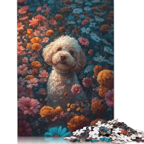1000-teiliges Puzzle „Pudel in den Blumen“ für Erwachsene Teenager, Holzpuzzle, nachhaltiges Puzzle für Erwachsene | Spiele 1000 Teile (75 x 50 cm) von TBDUEPS