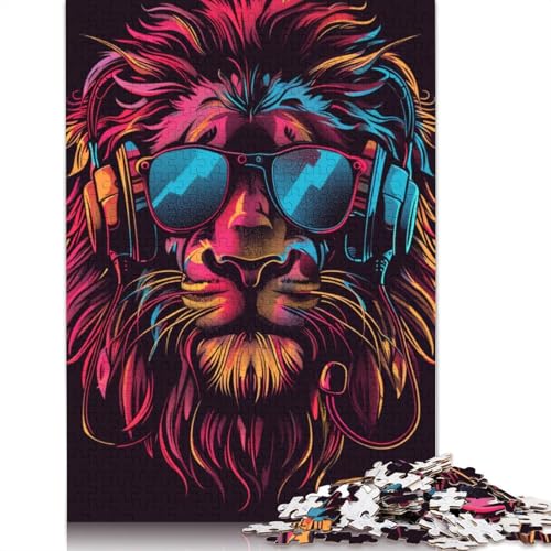 1000-teiliges Puzzle mit Löwe und Kopfhörern, Sonnenbrille, für Erwachsene, Holzpuzzle für Erwachsene, Lernspiel, Herausforderungsspielzeug, 1000 Stück (75 x 50 cm) von TBDUEPS