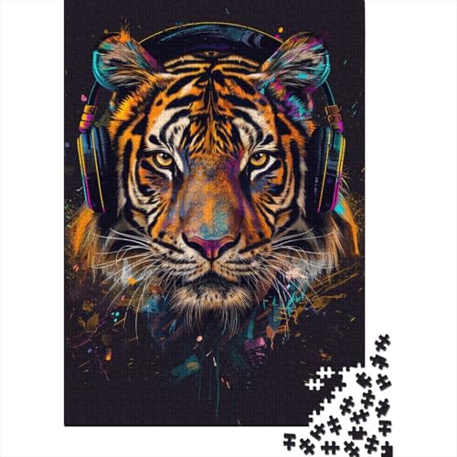 1000-teiliges Puzzle mit Tiger und Kopfhörern für Erwachsene und Teenager, Lernspiele für Zuhause, DIY-Spielzeug, 1000 Teile (38 x 26 cm) von TBDUEPS