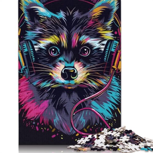 1000-teiliges Puzzle mit Waschbären und Kopfhörern für Erwachsene, Holzpuzzle für Teenager, Geschenke, einzigartige Heimdekoration und Geschenke (75 x 50 cm) von TBDUEPS