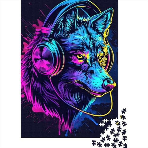 1000-teiliges Wolf-mit-Kopfhörer-Puzzle für Erwachsene, Holzpuzzle, Puzzle für Erwachsene, 1000 Teile (38 x 26 cm) von TBDUEPS